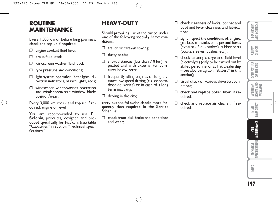 Routine maintenance, Heavy-duty | FIAT Croma User Manual | Page 198 / 258