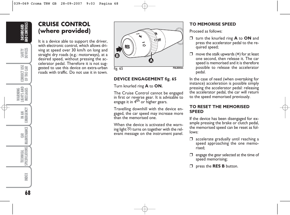 Cruise control (where provided) | FIAT Croma User Manual | Page 69 / 258