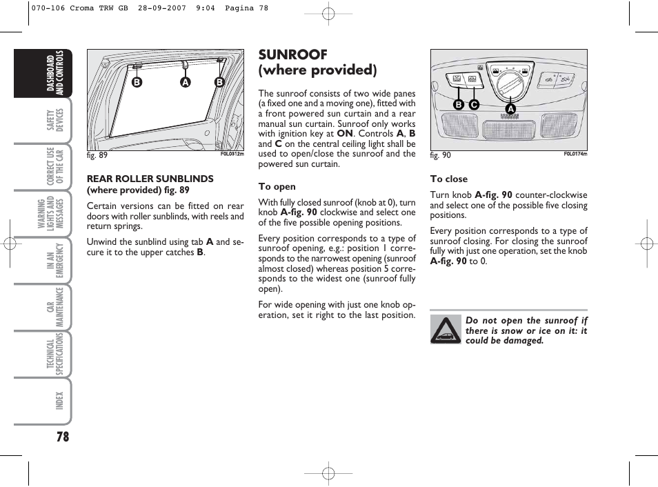 Sunroof (where provided) | FIAT Croma User Manual | Page 79 / 258