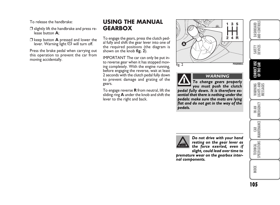 Using the manual gearbox | FIAT Panda Classic User Manual | Page 107 / 207