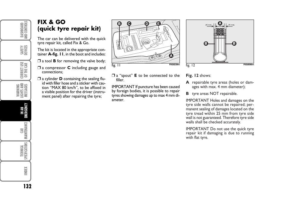 Fix & go (quick tyre repair kit) | FIAT Panda Classic User Manual | Page 134 / 207