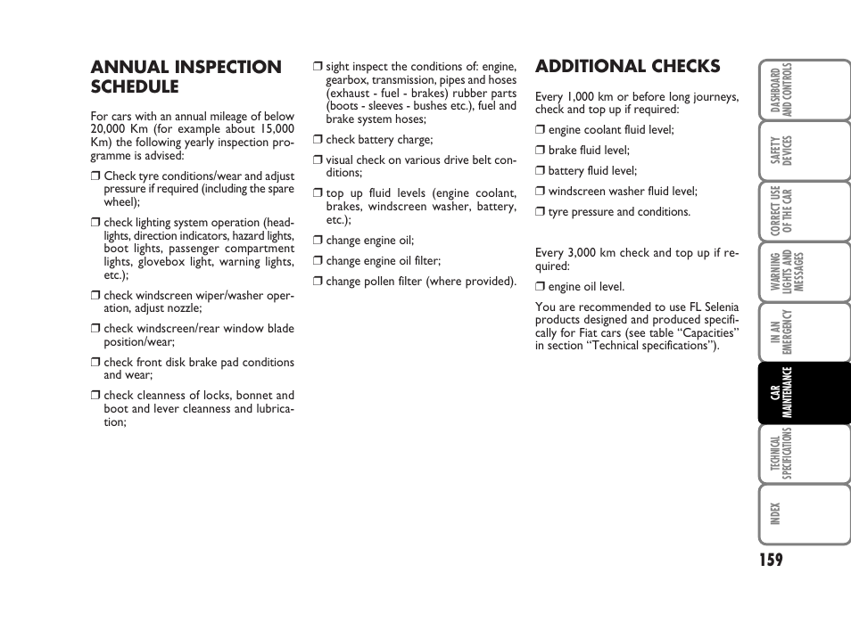 Additional checks, Annual inspection schedule | FIAT Panda Classic User Manual | Page 161 / 207