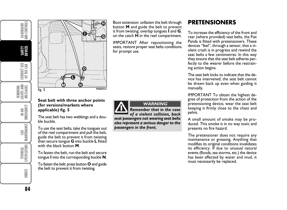 Pretensioners | FIAT Panda Classic User Manual | Page 86 / 207