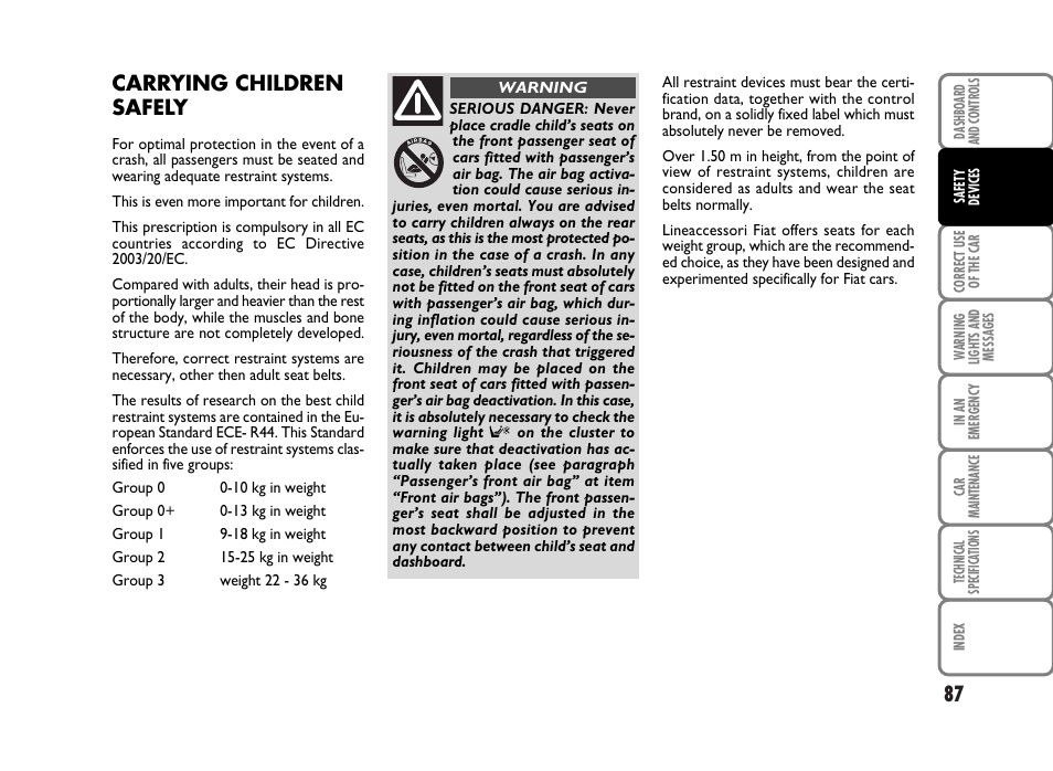 Carrying children safely | FIAT Panda Classic User Manual | Page 89 / 207