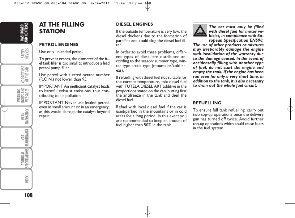 At the filling station | FIAT Bravo User Manual | Page 110 / 263