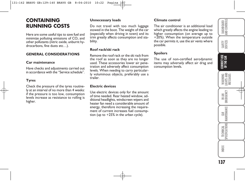 Containing running costs | FIAT Bravo User Manual | Page 139 / 263