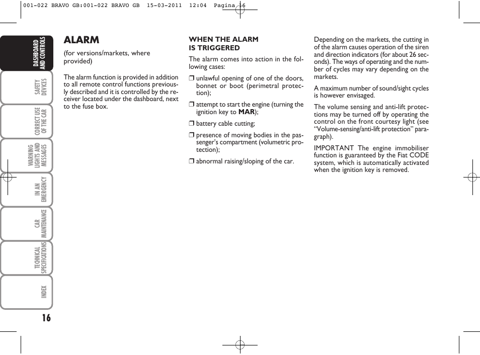 Alarm | FIAT Bravo User Manual | Page 18 / 263
