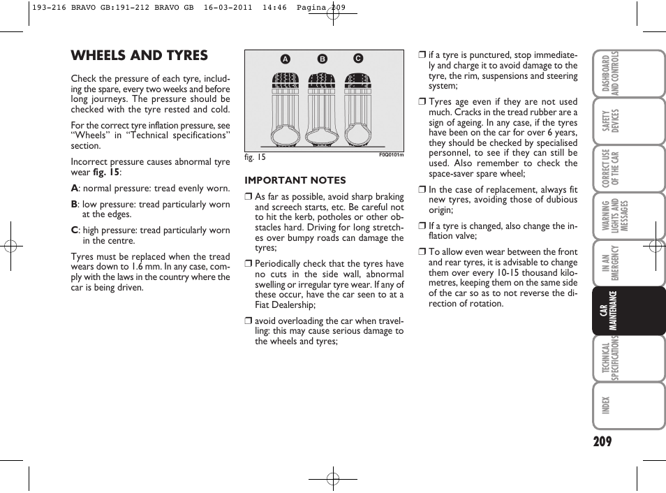 Wheels and tyres | FIAT Bravo User Manual | Page 211 / 263