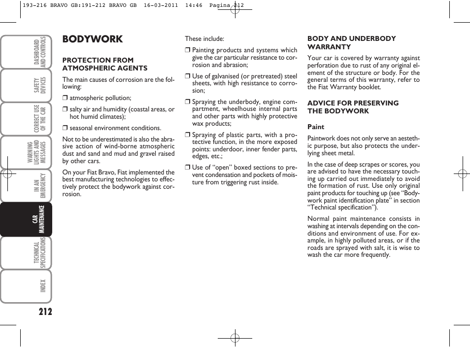 Bodywork | FIAT Bravo User Manual | Page 214 / 263