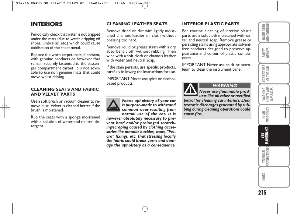 Interiors | FIAT Bravo User Manual | Page 217 / 263
