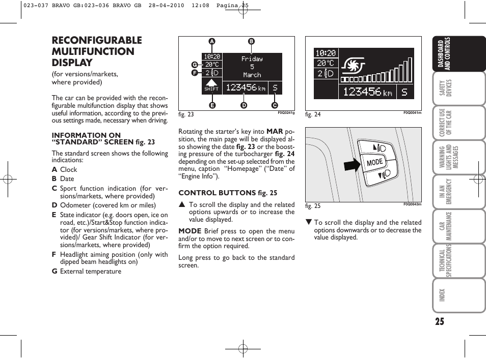Reconfigurable multifunction display | FIAT Bravo User Manual | Page 27 / 263