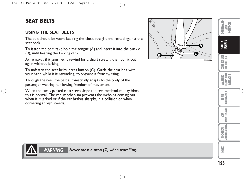 Seat belts, Warning | FIAT Punto User Manual | Page 126 / 282