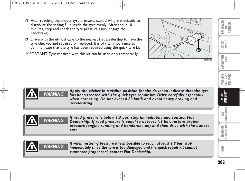 Warning | FIAT Punto User Manual | Page 204 / 282