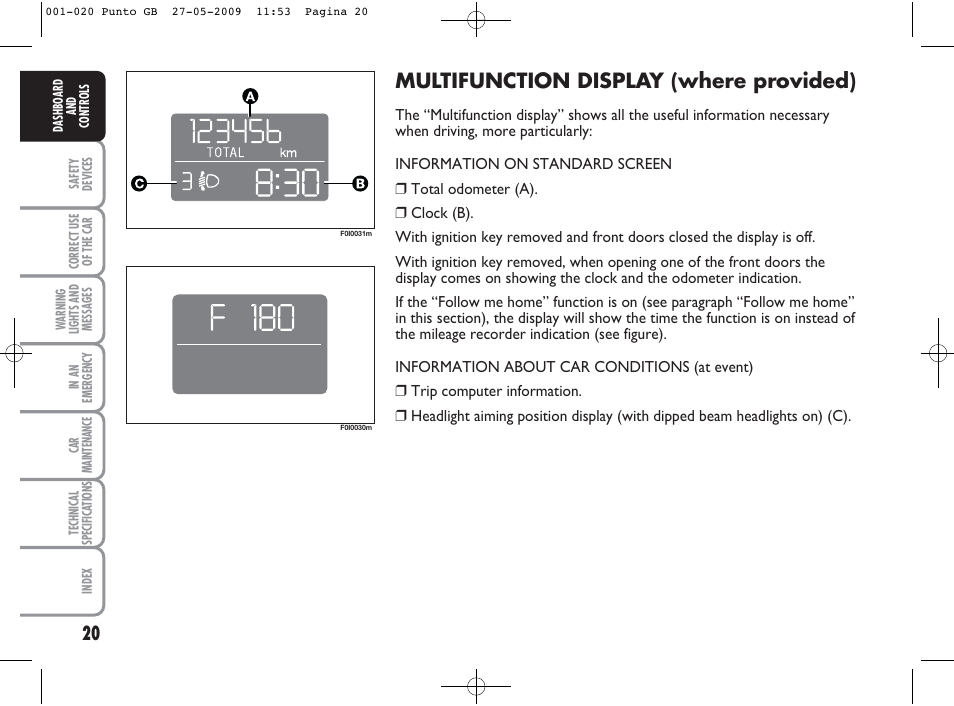 Multifunction display (where provided) | FIAT Punto User Manual | Page 21 / 282
