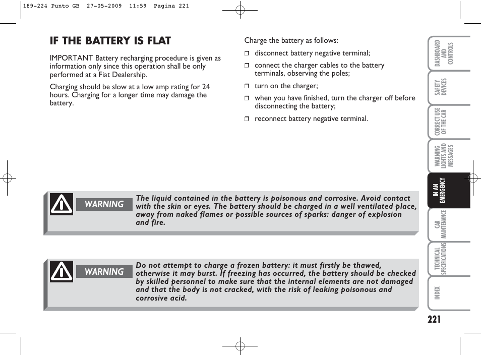 If the battery is flat, Warning | FIAT Punto User Manual | Page 222 / 282