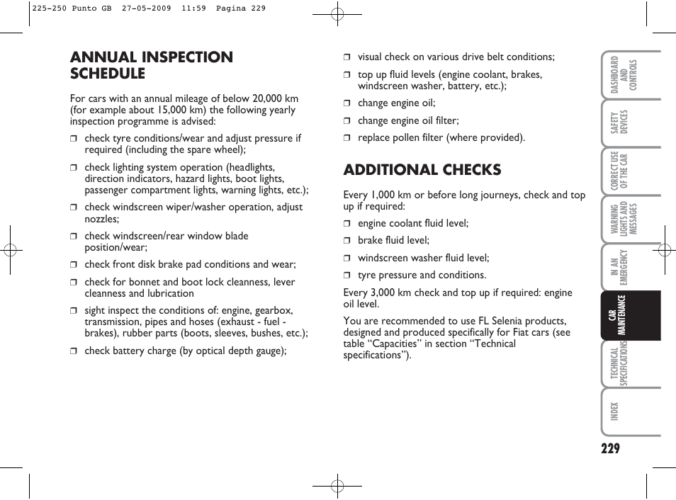 Annual inspection schedule, Additional checks | FIAT Punto User Manual | Page 230 / 282