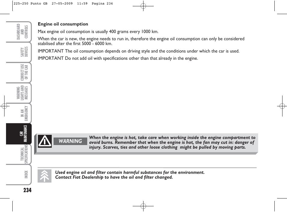 Warning | FIAT Punto User Manual | Page 235 / 282