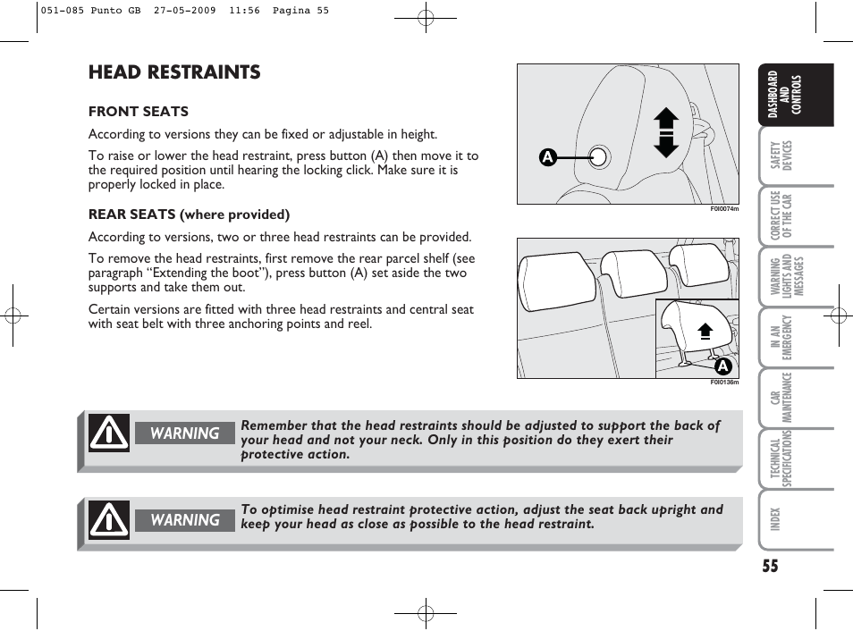 Head restraints, Warning | FIAT Punto User Manual | Page 56 / 282