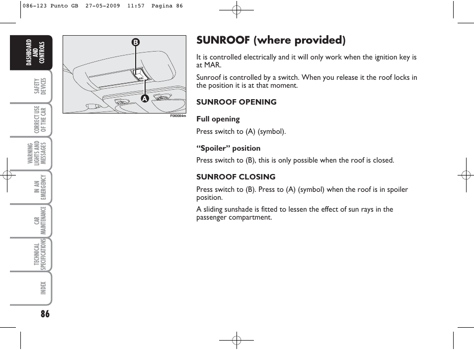 Sunroof (where provided) | FIAT Punto User Manual | Page 87 / 282
