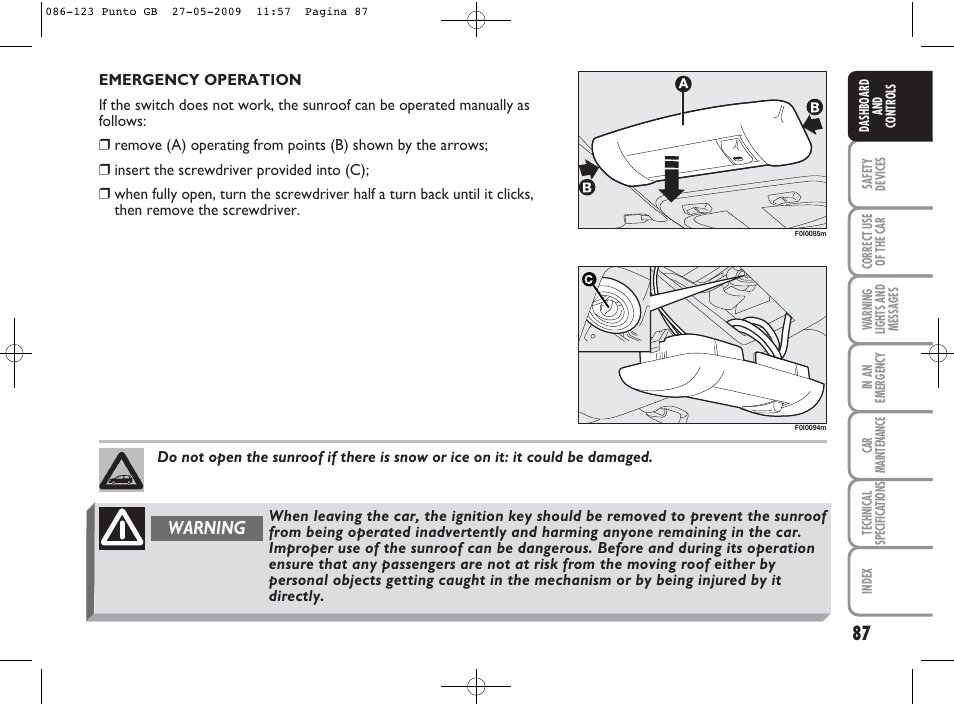 Warning | FIAT Punto User Manual | Page 88 / 282