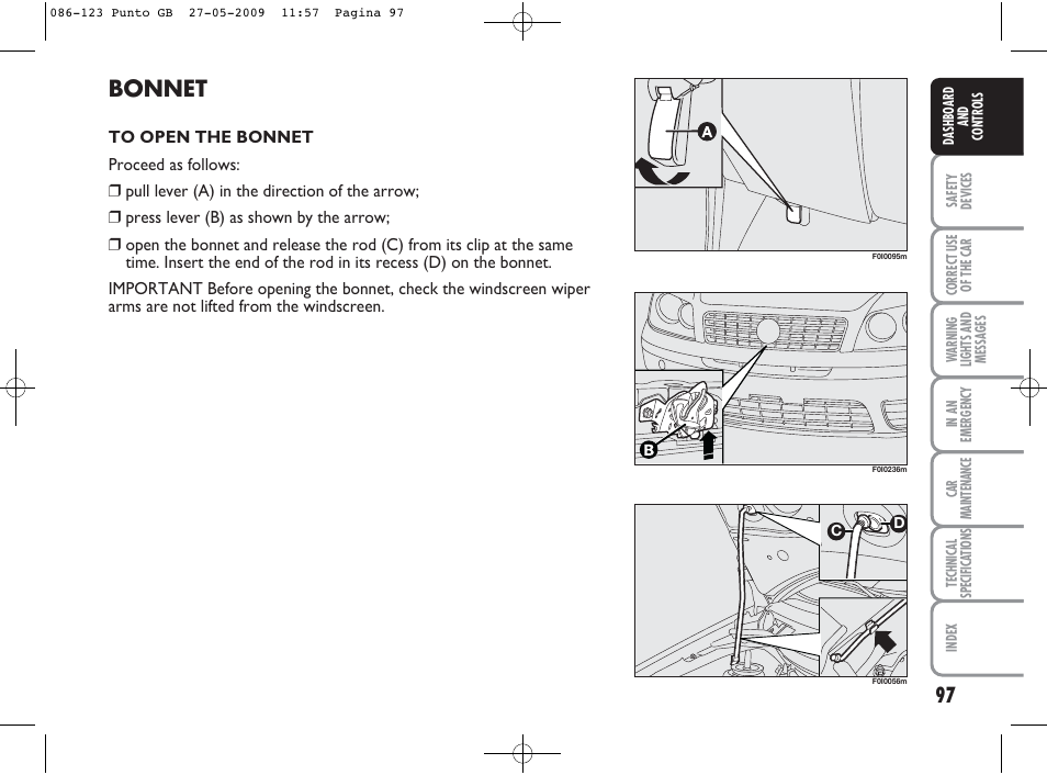 Bonnet | FIAT Punto User Manual | Page 98 / 282