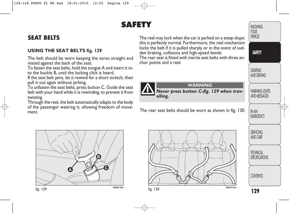Safety | FIAT Punto Evo User Manual | Page 130 / 270