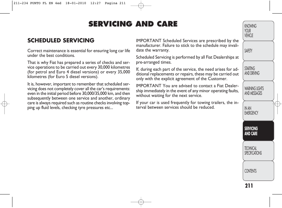 Servicing and care | FIAT Punto Evo User Manual | Page 212 / 270