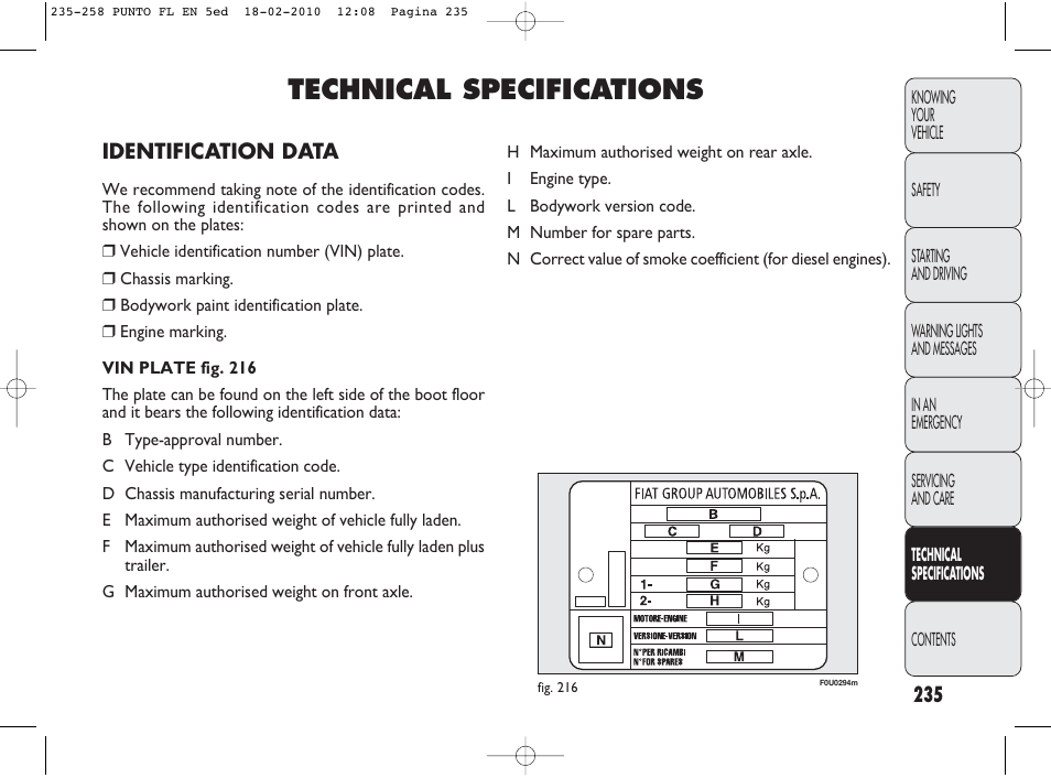Technical specifications | FIAT Punto Evo User Manual | Page 236 / 270