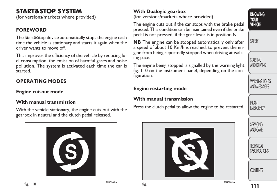 Start&stop system | FIAT Punto 2012 User Manual | Page 113 / 271