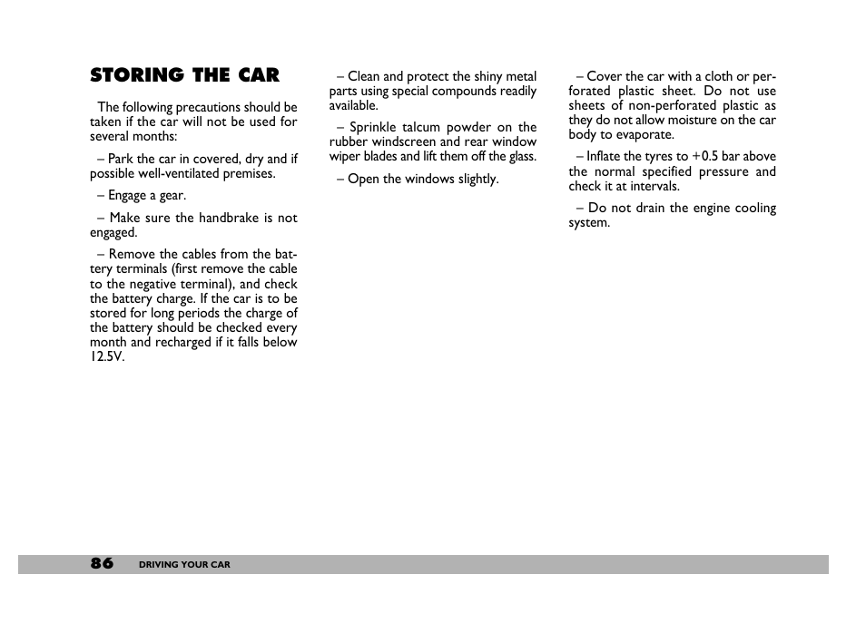 Storing the car | FIAT 600 User Manual | Page 87 / 154