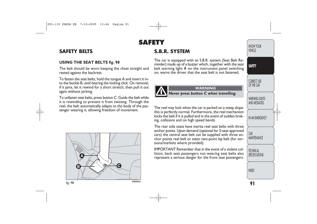 Safety | FIAT Panda Classic User Manual | Page 92 / 226