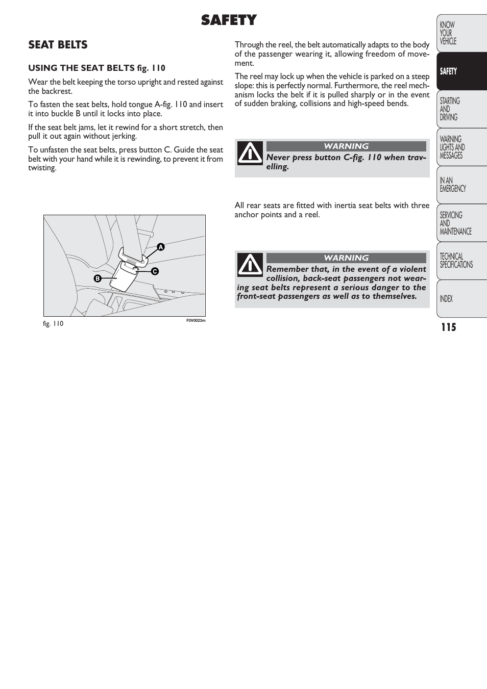 Safety | FIAT Nuovo Doblo' Panorama User Manual | Page 116 / 274