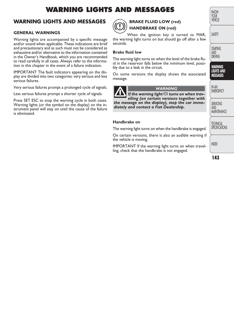 Warning lights and messages | FIAT Nuovo Doblo' Panorama User Manual | Page 144 / 274