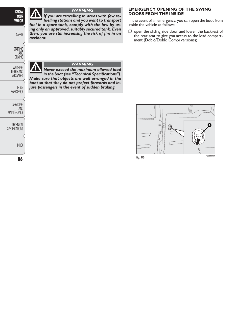 FIAT Nuovo Doblo' Panorama User Manual | Page 87 / 274