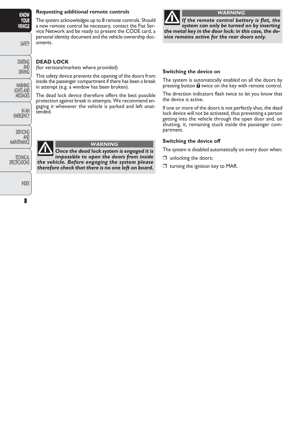 FIAT Nuovo Doblo' Panorama User Manual | Page 9 / 274