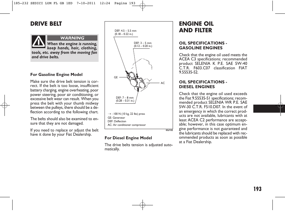 193 engine oil and filter, Drive belt | FIAT Sedici User Manual | Page 197 / 279