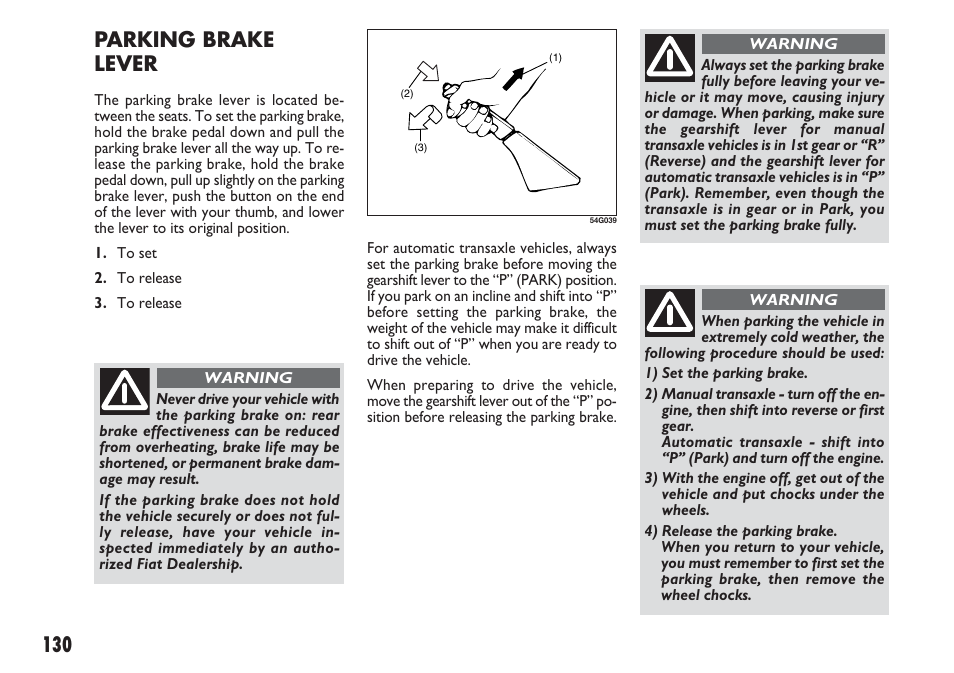 130 parking brake lever | FIAT Sedici User Manual | Page 131 / 270