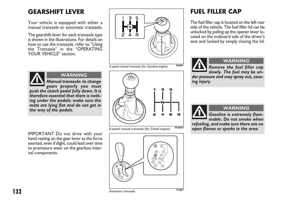 132 fuel filler cap, Gearshift lever | FIAT Sedici User Manual | Page 133 / 270