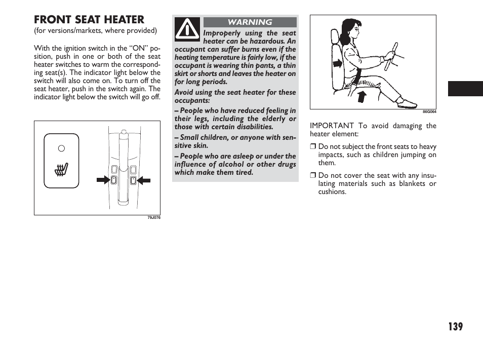 139 front seat heater | FIAT Sedici User Manual | Page 140 / 270