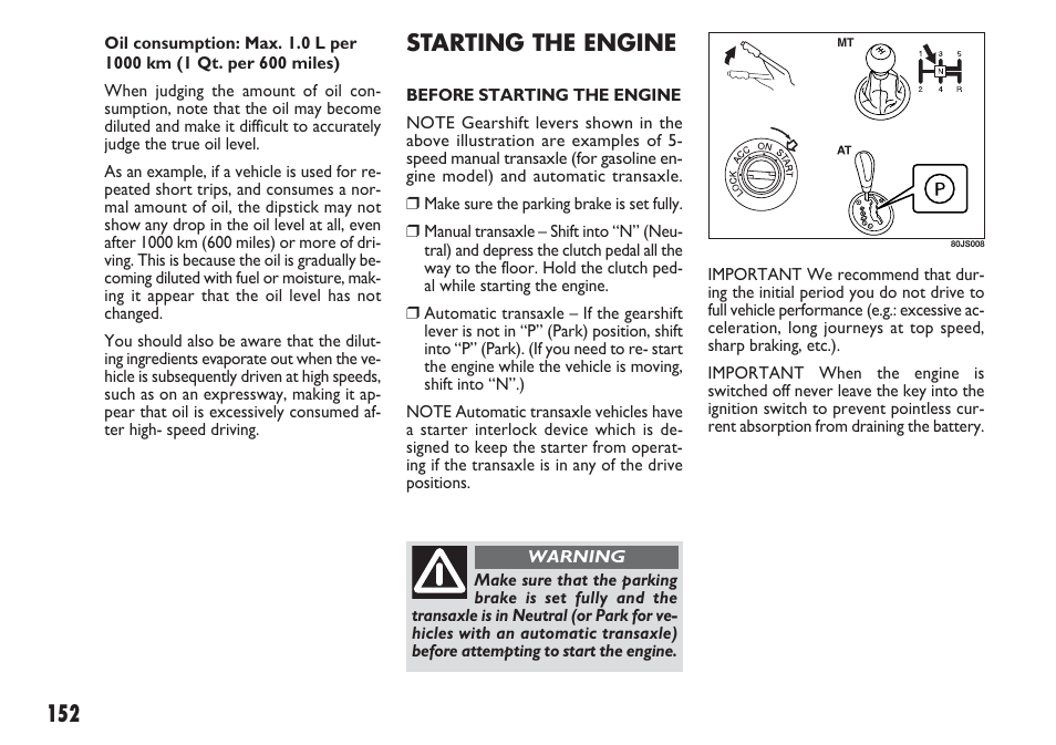 Starting the engine | FIAT Sedici User Manual | Page 153 / 270