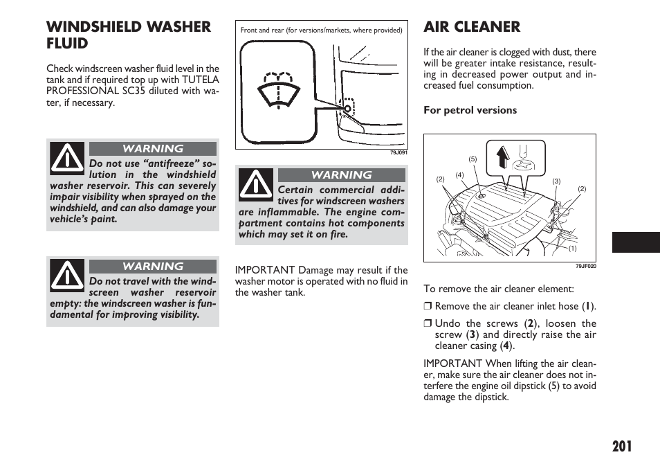 201 air cleaner, Windshield washer fluid | FIAT Sedici User Manual | Page 202 / 270