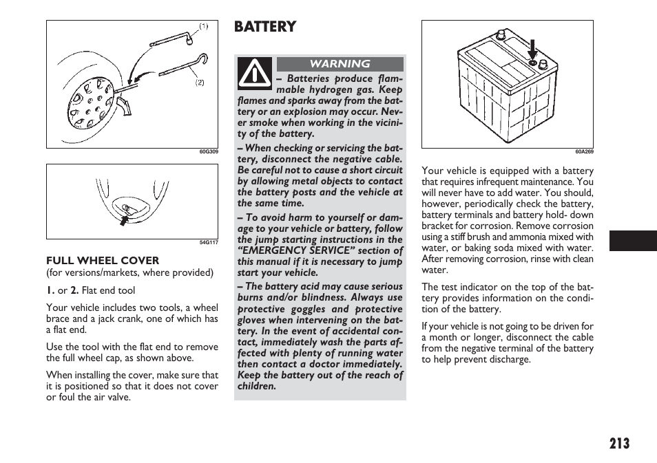 213 battery | FIAT Sedici User Manual | Page 214 / 270