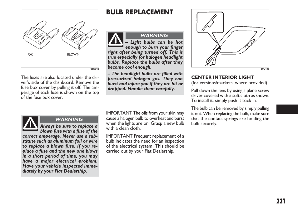 221 bulb replacement | FIAT Sedici User Manual | Page 222 / 270