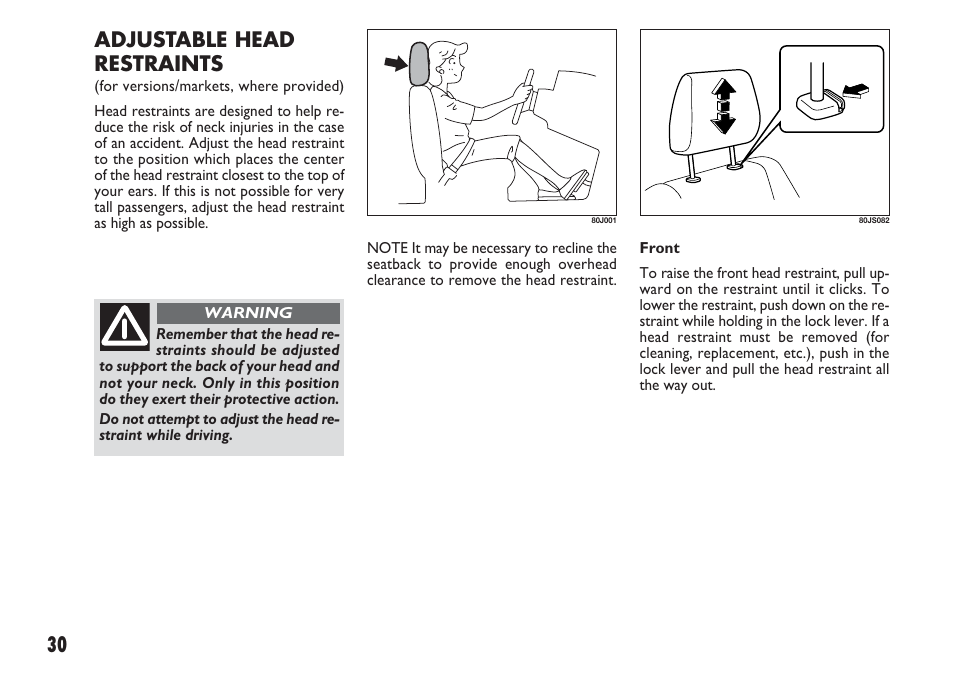 Adjustable head restraints | FIAT Sedici User Manual | Page 31 / 270