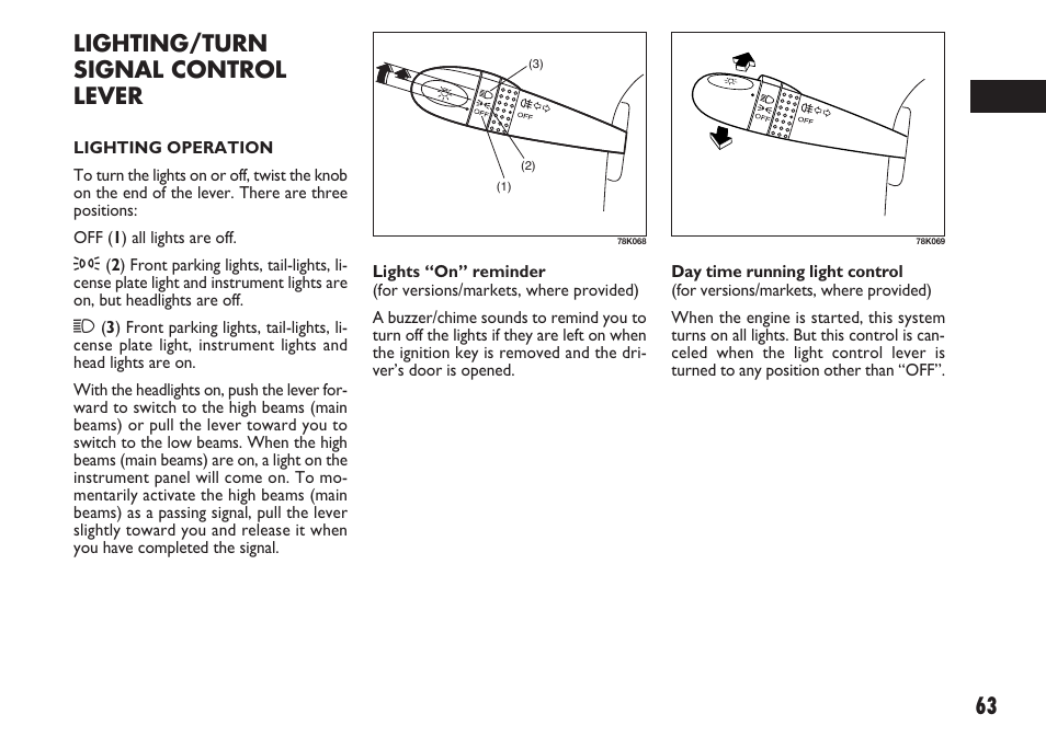 Lighting/turn signal control lever | FIAT Sedici User Manual | Page 64 / 270
