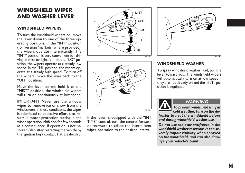 Windshield wiper and washer lever | FIAT Sedici User Manual | Page 66 / 270