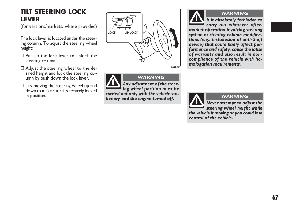 67 tilt steering lock lever | FIAT Sedici User Manual | Page 68 / 270