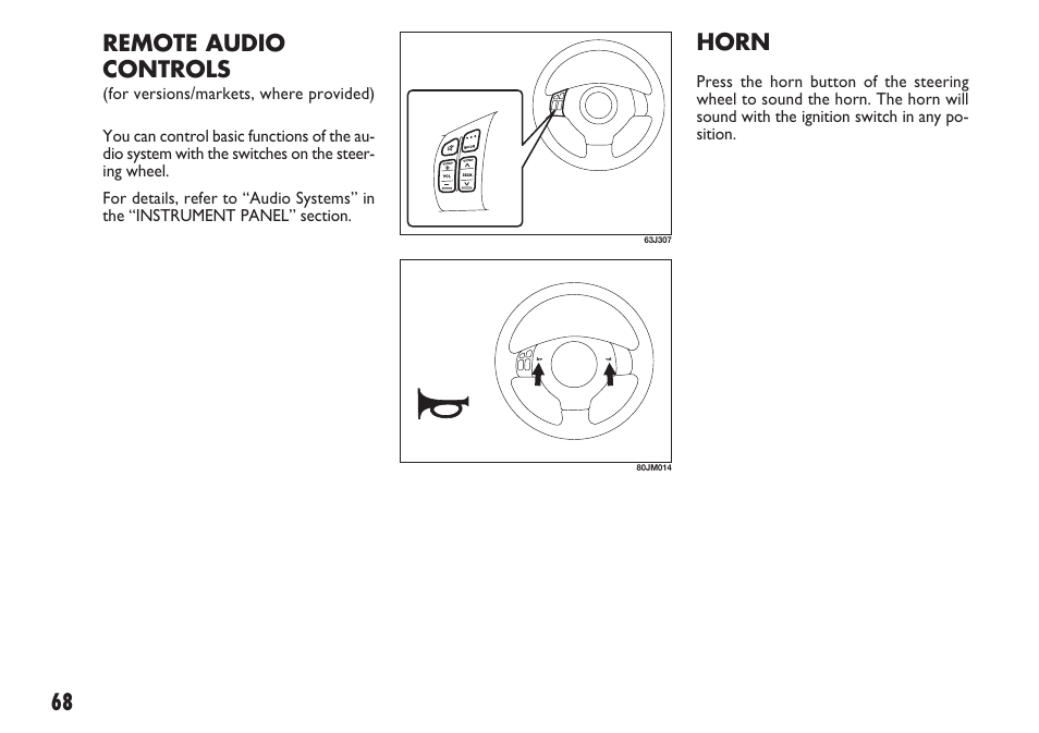 68 horn, Remote audio controls | FIAT Sedici User Manual | Page 69 / 270