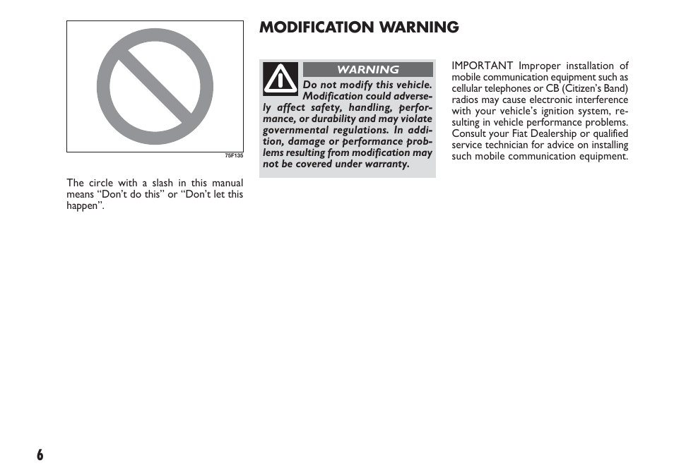 Modification warning | FIAT Sedici User Manual | Page 7 / 270