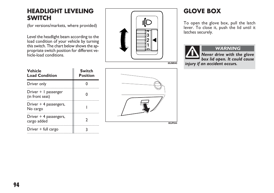 94 headlight leveling switch, Glove box | FIAT Sedici User Manual | Page 95 / 270